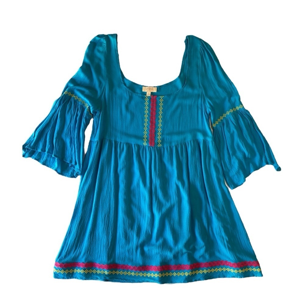 Umgee Bohemian Dress, Embroidered Details, Bell Sleeves, Size Medium, Blue, EUC - Picture 3 of 9